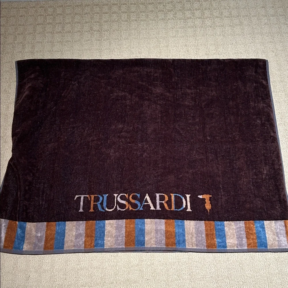 TRUSSARDI Home Bath Sheet Beach Towel Huge! Brown & Blue Stripes Cotton NWT #1